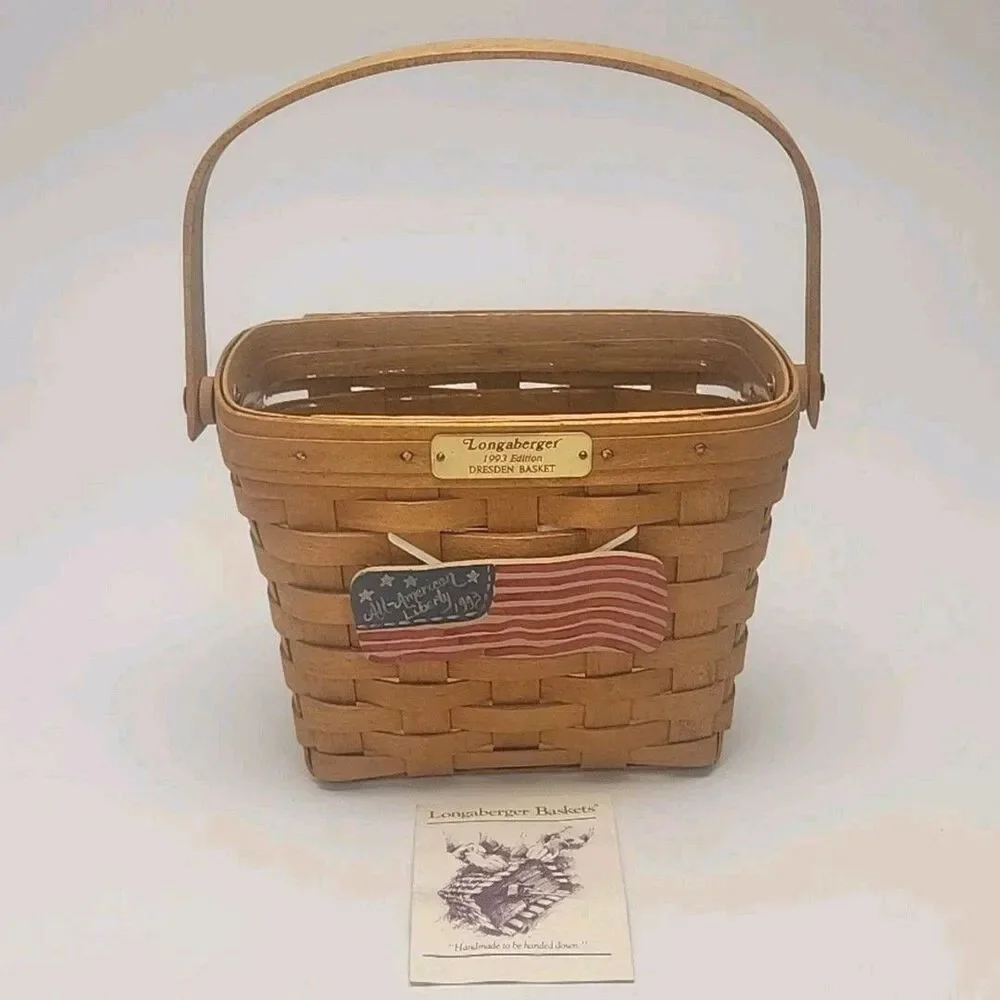 Longaberger Basket Dresden 1993 Edition w/Protector Flag Charm Woven Collectible